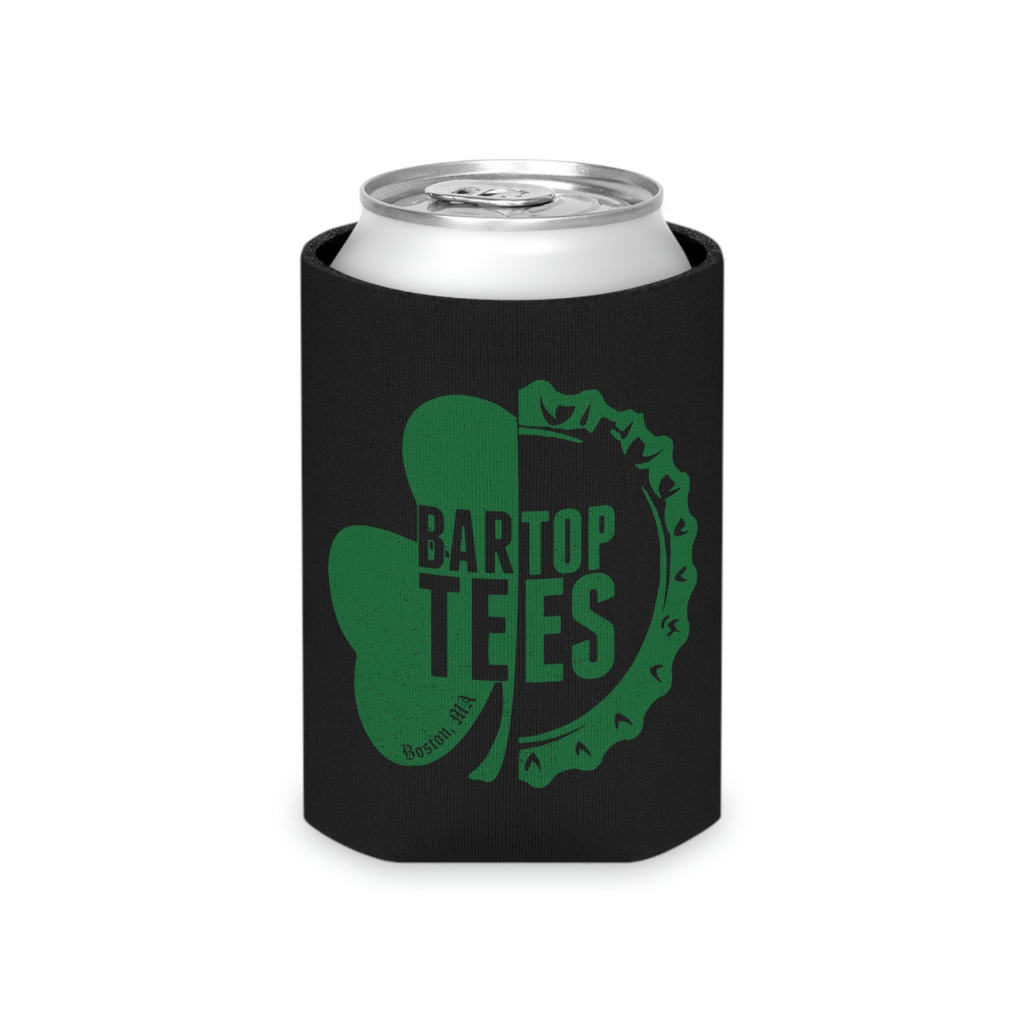 Black insulated can cooler with a green shamrock and bottle cap logo design holding a standard beverage can.