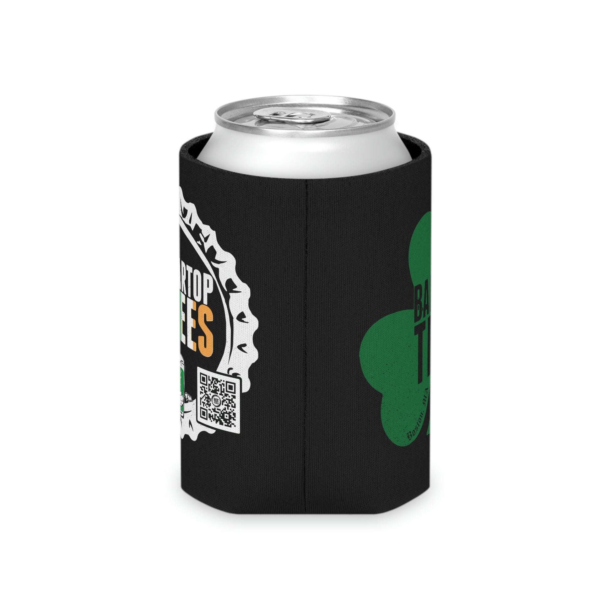 Black BarTop Irish Tommy can cooler with a white polyester exterior, foam liner, and green shamrock graphic design.