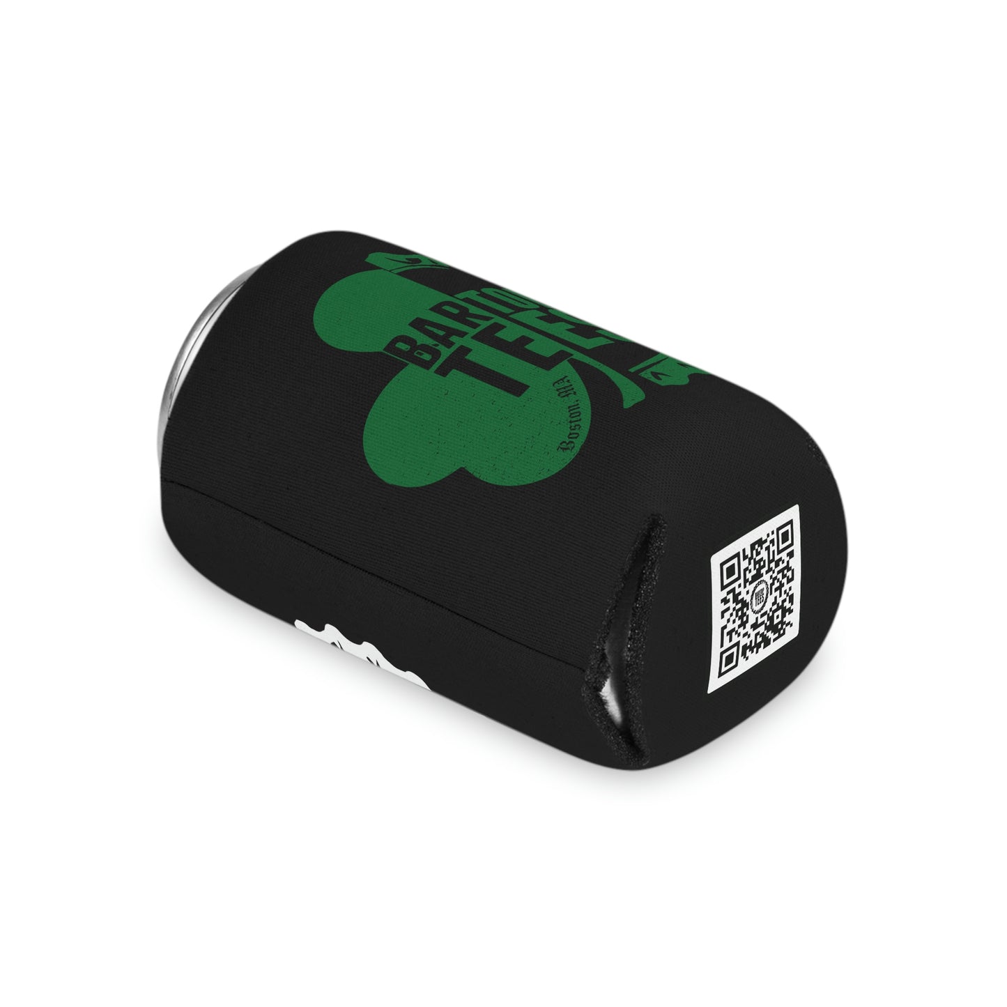 Black polyester can cooler with a green shamrock logo and QR code, featuring an insulated foam interior.