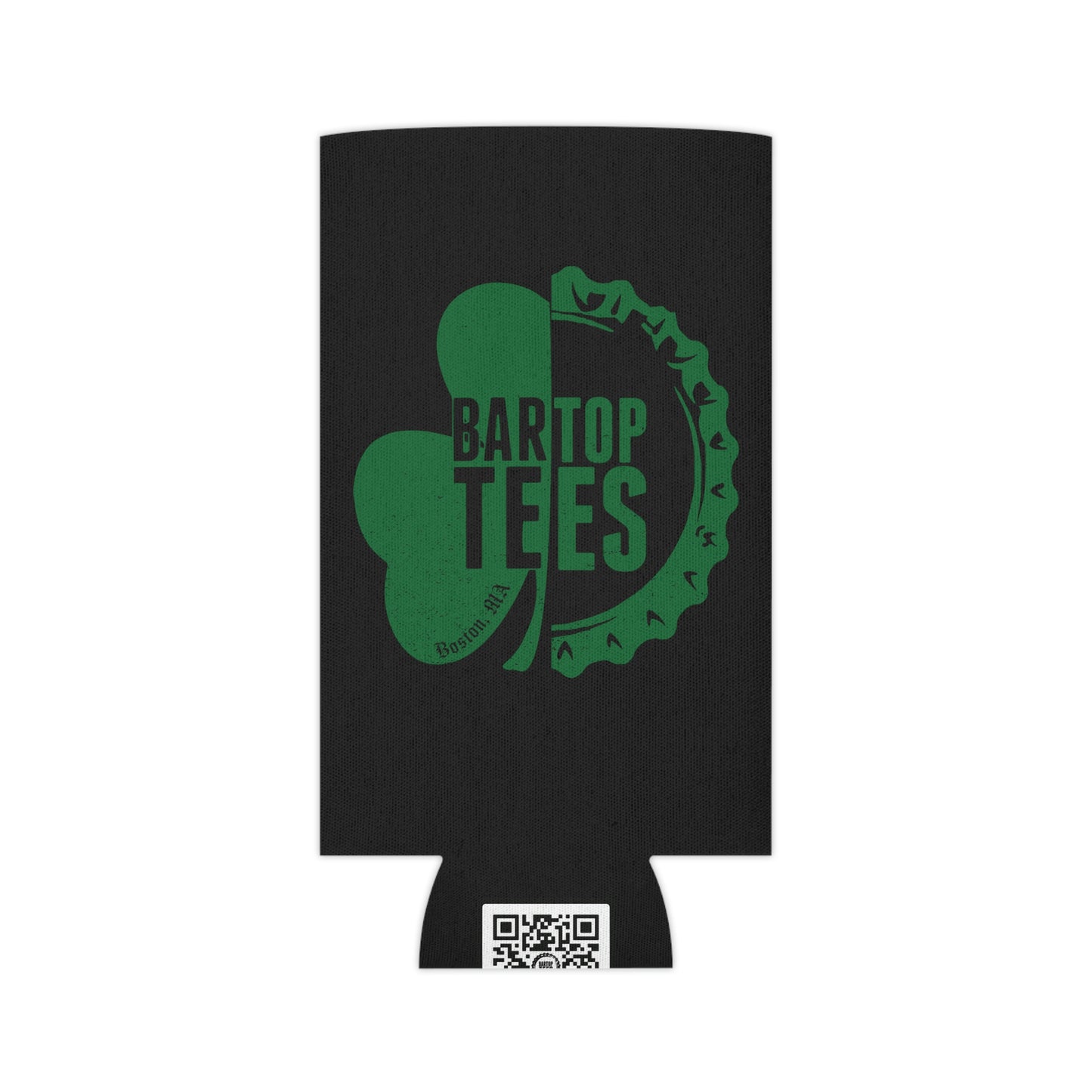 Black insulated can cooler with a green shamrock and bottle cap logo design, featuring BarTop Tees branding.