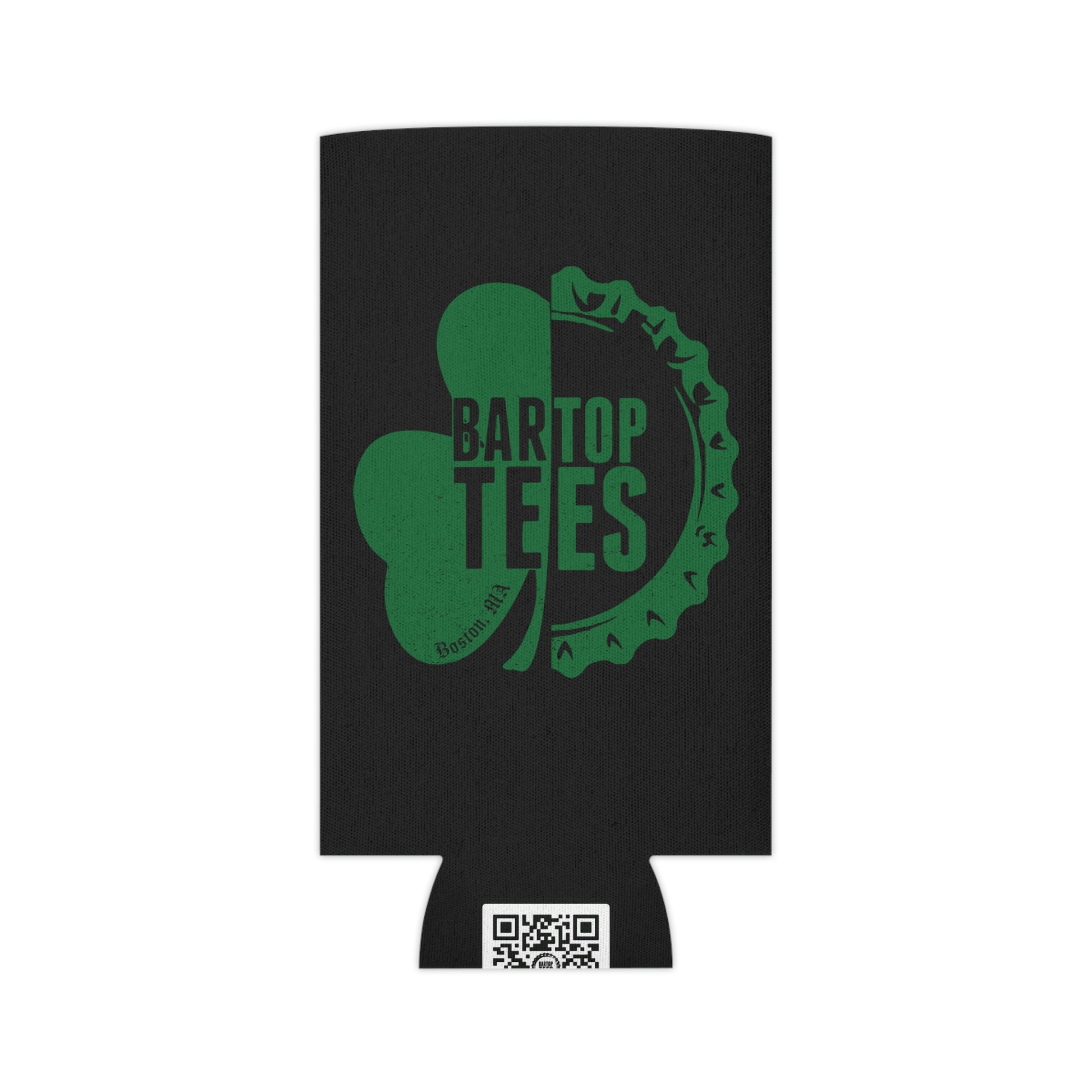 Black insulated can cooler with a green shamrock and bottle cap logo design, featuring BarTop Tees branding.