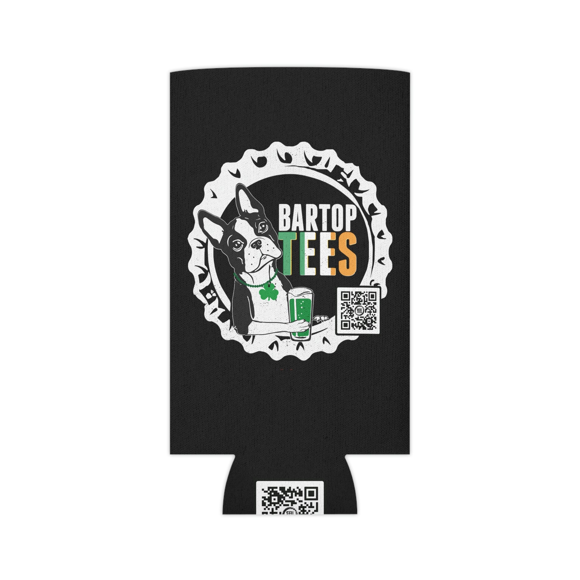 Black insulated can cooler featuring a Boston Terrier with a green shamrock and beer graphic on a bottle cap design.