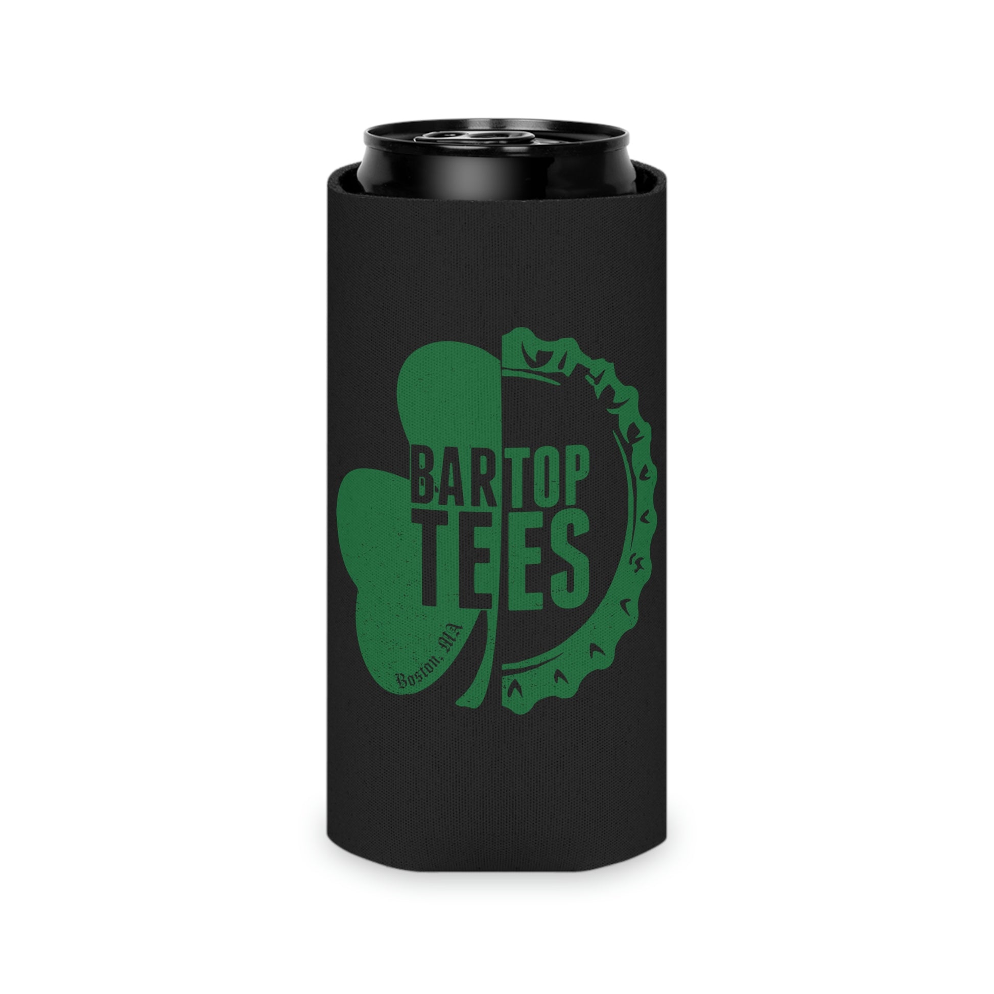 Black slim can cooler with a green shamrock and bottle cap logo print, featuring a soft foam insulated interior.