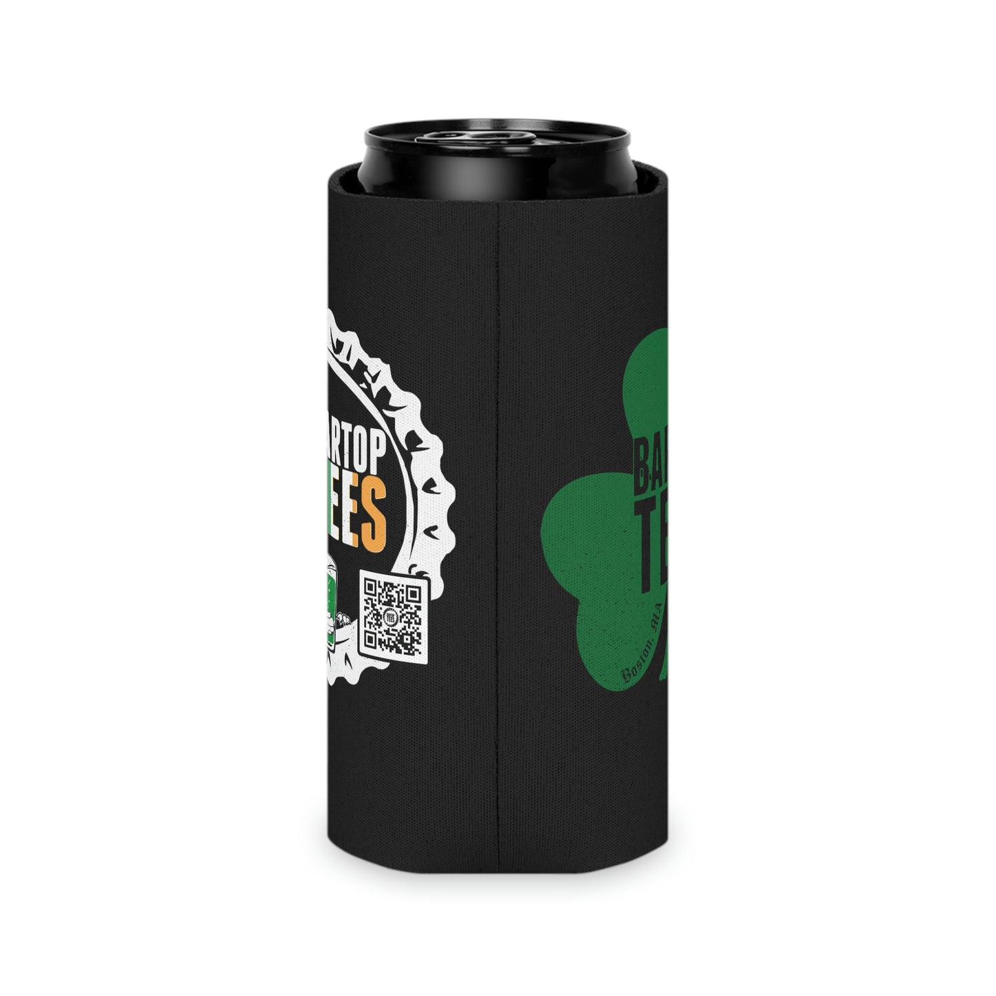 Black insulated can cooler with Irish-themed BarTop Tees logo, shamrock graphic, and QR code on a white background.