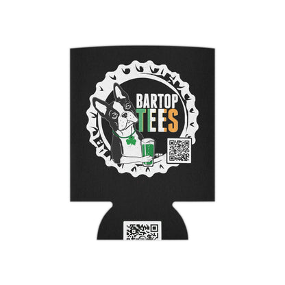 Black insulated can cooler with a Boston Terrier graphic, shamrock necklace, green beer, and BarTop Tees logo.