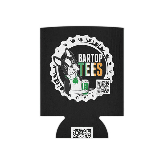 Black insulated can cooler with a Boston Terrier graphic, shamrock necklace, green beer, and BarTop Tees logo.