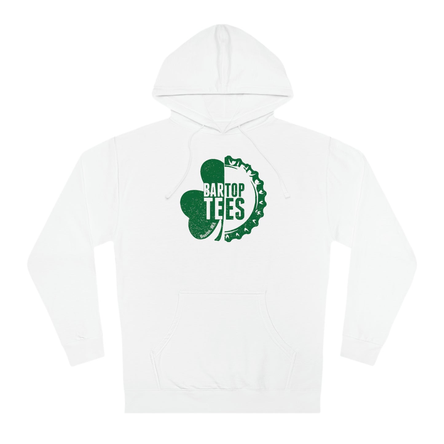 White cotton-blend fleece hoodie featuring a green BarTop Tees shamrock and bottle cap graphic on the chest.