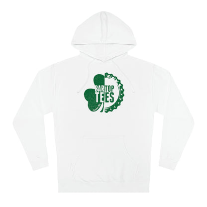 White cotton-blend fleece hoodie featuring a green BarTop Tees shamrock and bottle cap graphic on the chest.