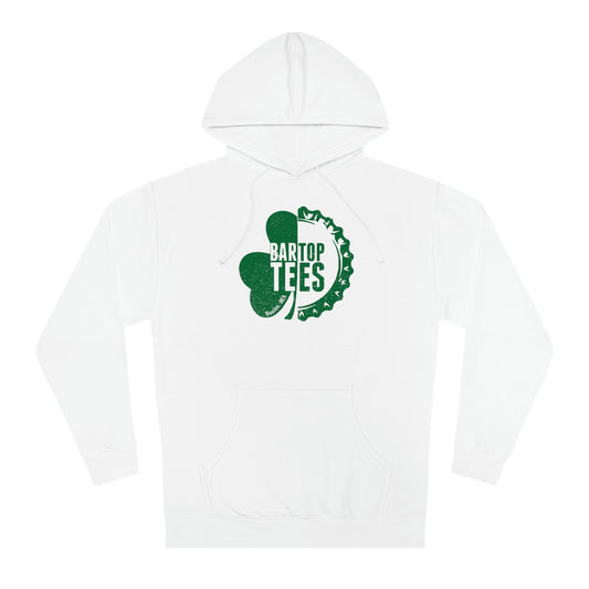 White cotton-blend fleece hoodie featuring a green BarTop Tees shamrock and bottle cap graphic on the chest.