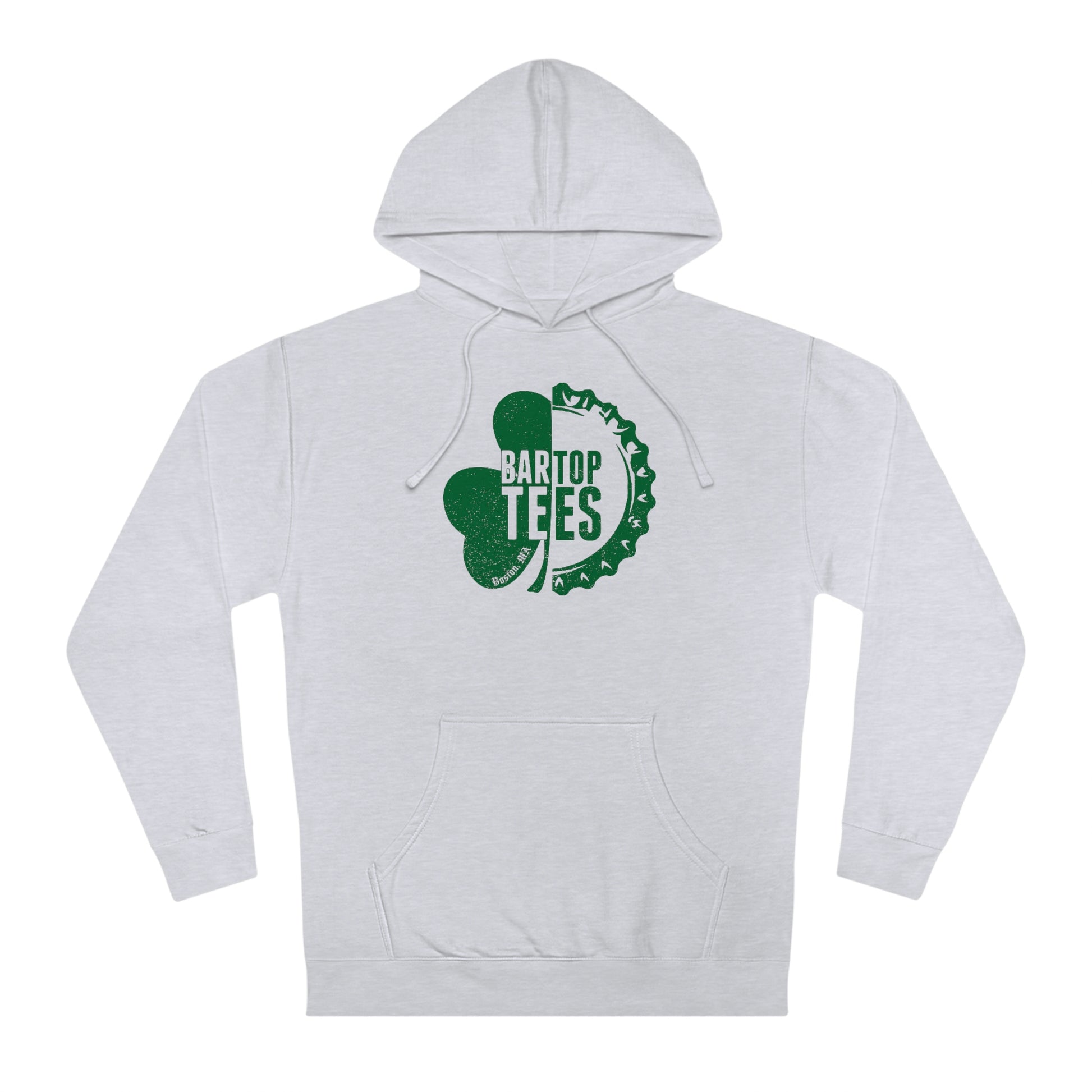 Light gray fleece hooded sweatshirt featuring a green BarTop Tees shamrock and bottle cap graphic on the chest.