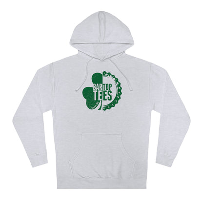 Light gray fleece hooded sweatshirt featuring a green BarTop Tees shamrock and bottle cap graphic on the chest.