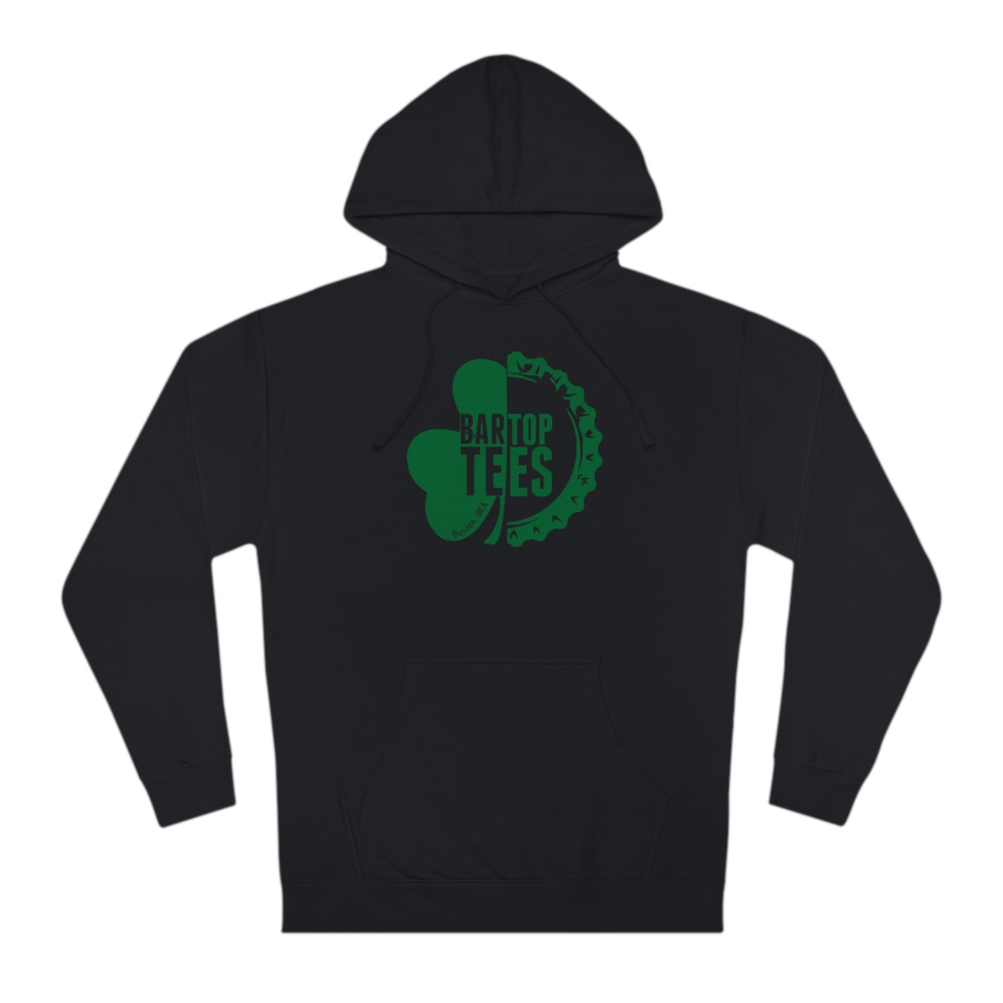 Black cotton-blend fleece hoodie with a green shamrock and bottle cap logo graphic on the chest.