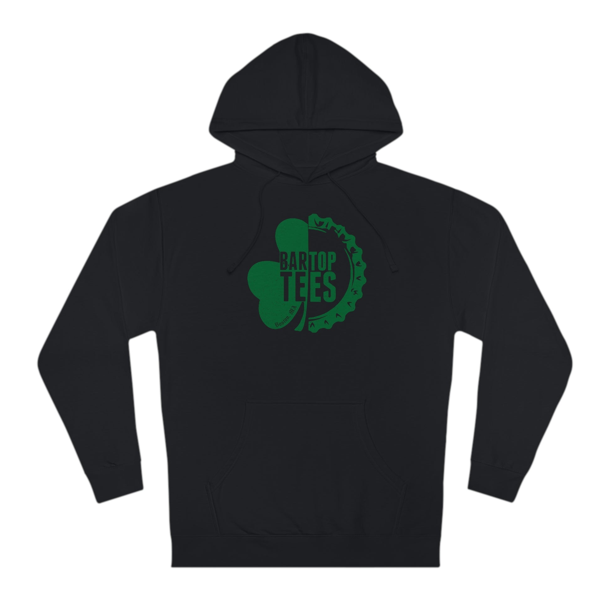 Black cotton-blend fleece hoodie with a green shamrock and bottle cap logo graphic on the chest.