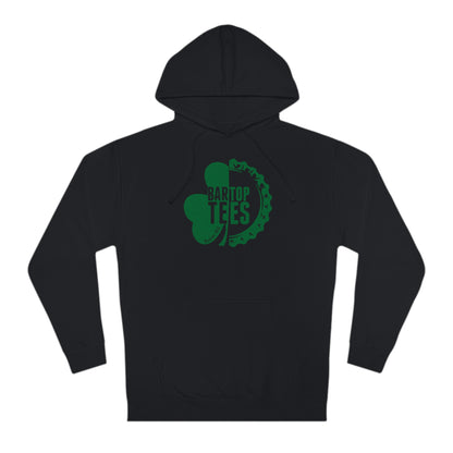 Black cotton-blend fleece hoodie with a green shamrock and bottle cap logo graphic on the chest.