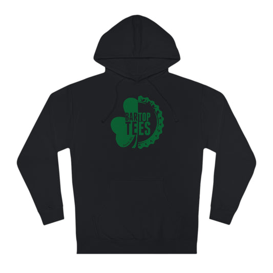 Black cotton-blend fleece hoodie with a green shamrock and bottle cap logo graphic on the chest.