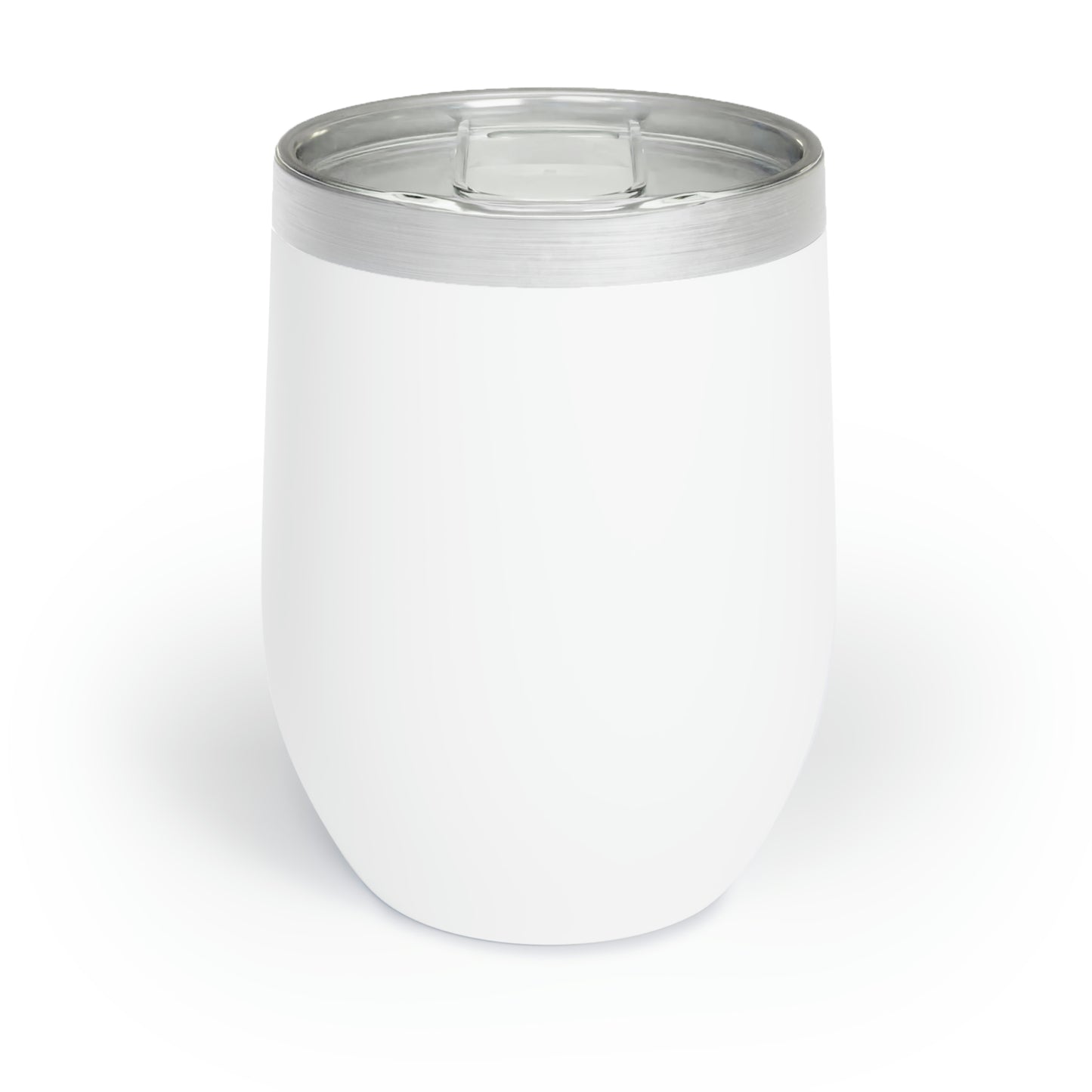 White 12oz stainless steel stemless wine tumbler with double-wall insulation and a clear BPA-free sliding lid.