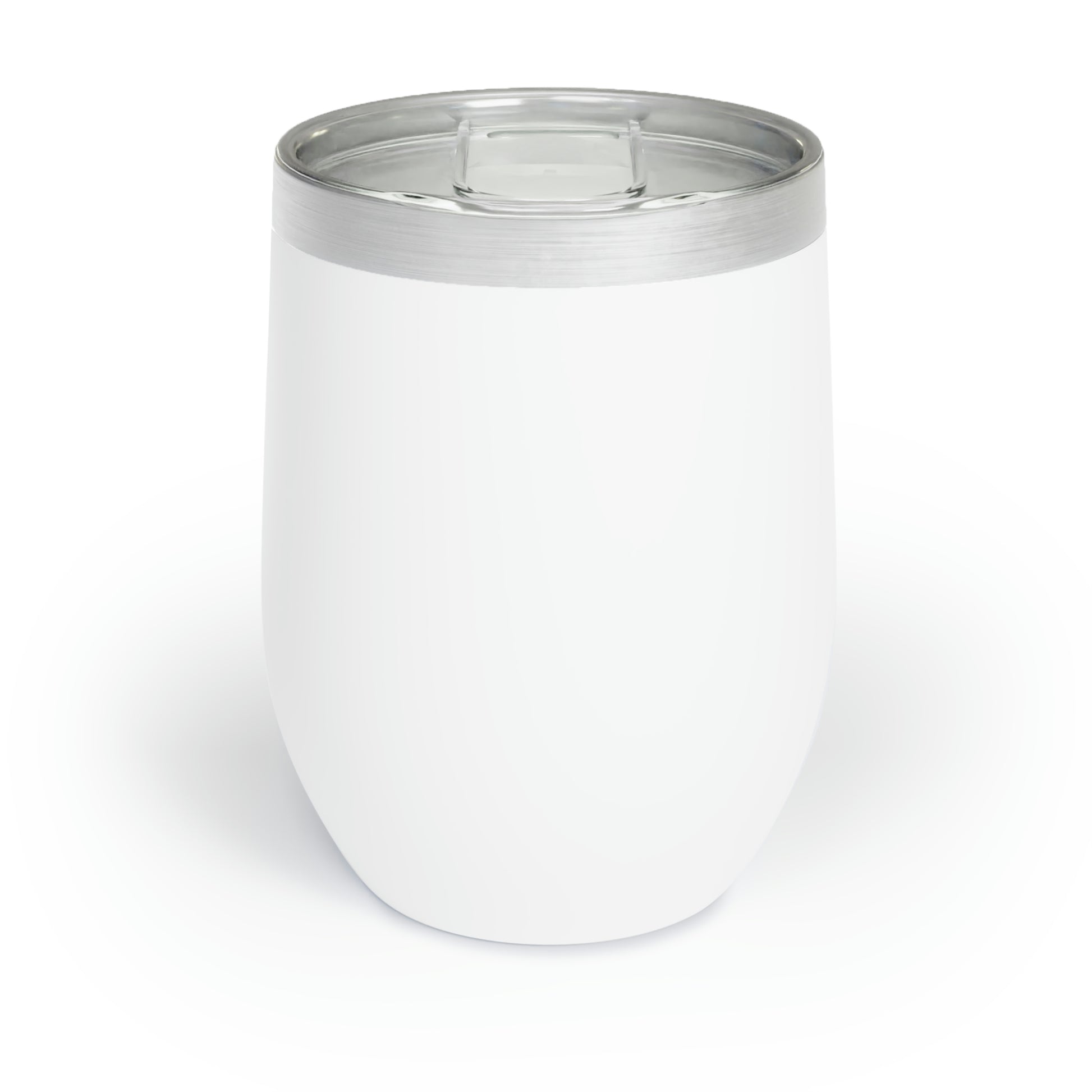 White 12oz stainless steel stemless wine tumbler with double-wall insulation and a clear BPA-free sliding lid.