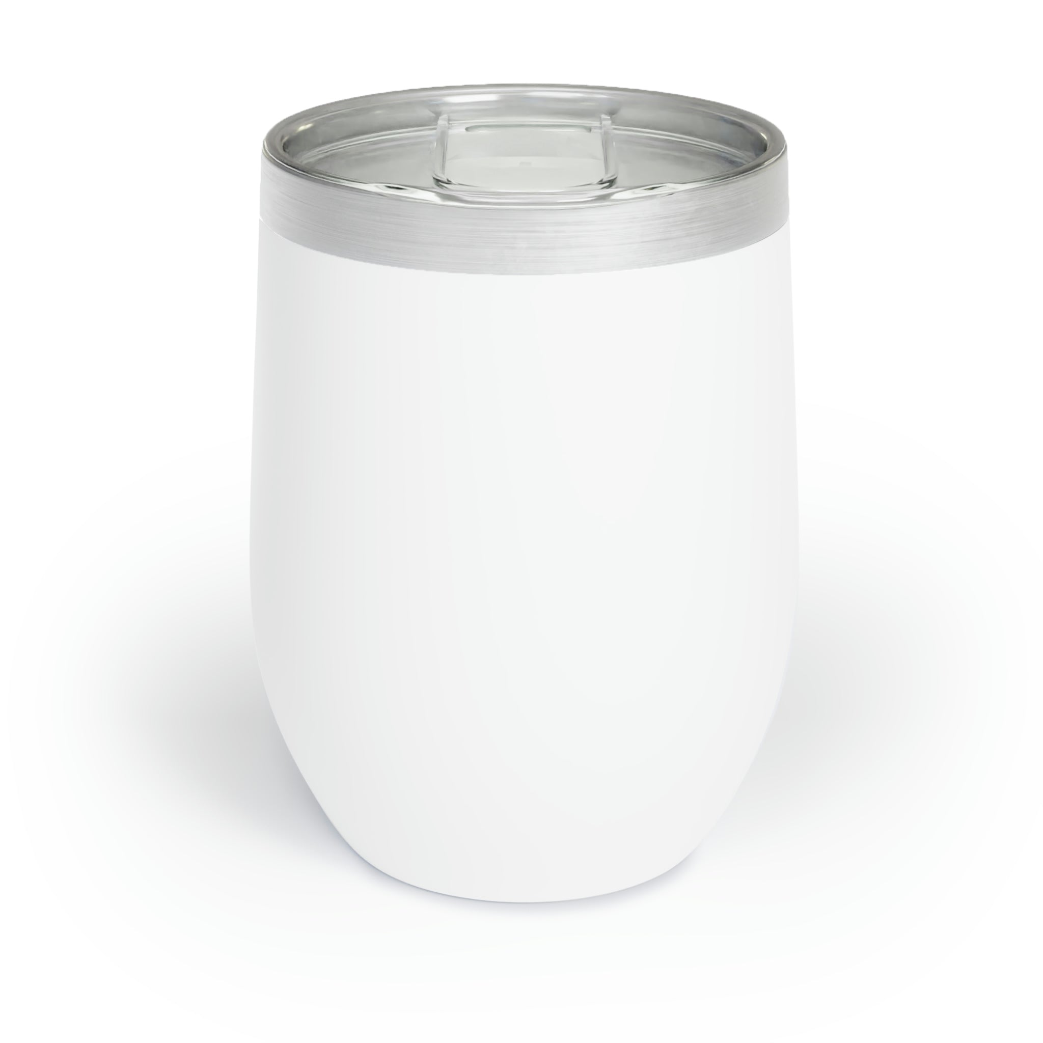 White 12oz stainless steel stemless wine tumbler with double-wall insulation and a clear BPA-free sliding lid.