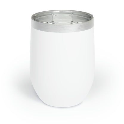 White 12oz stainless steel stemless wine tumbler with double-wall insulation and a clear BPA-free sliding lid.