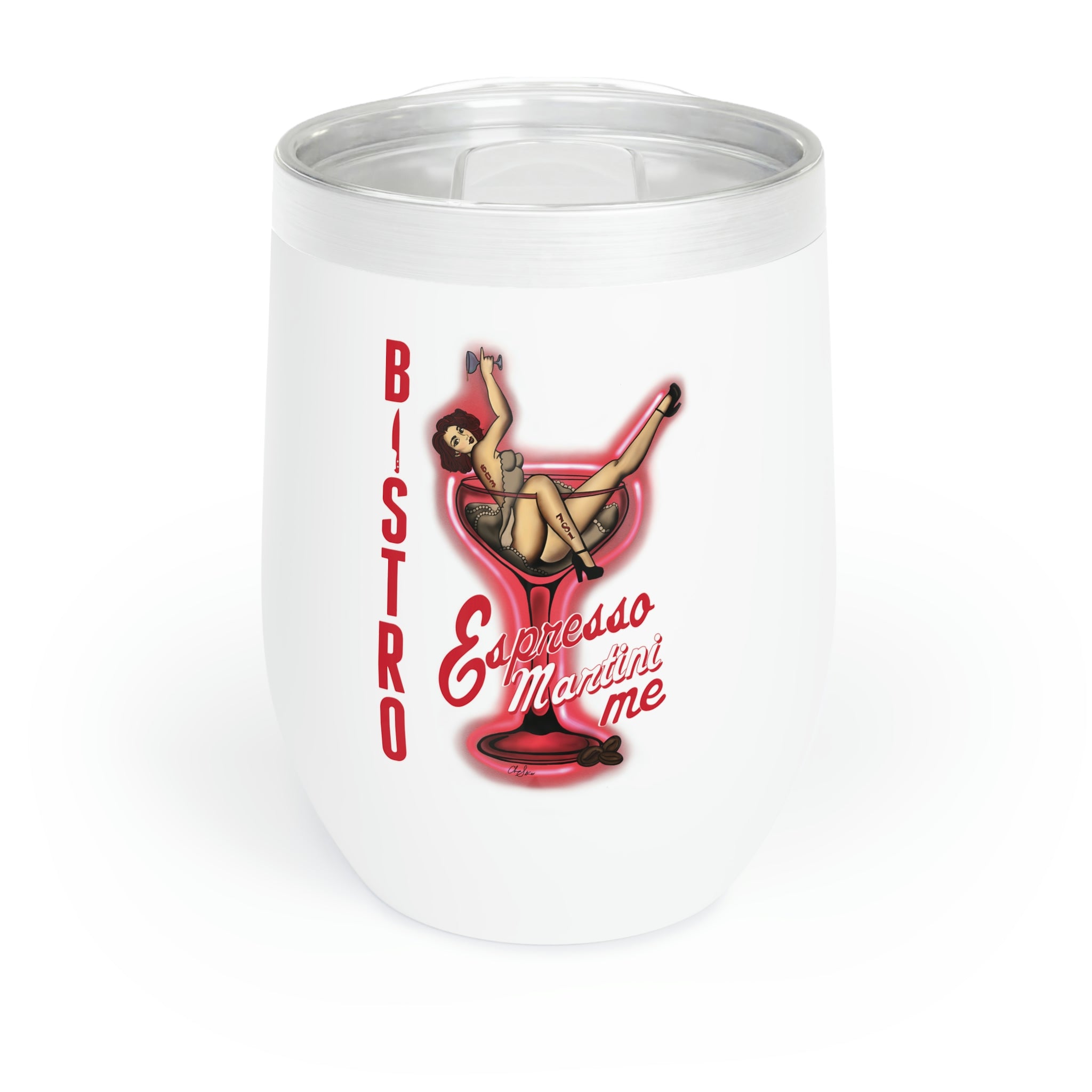 White 12oz stainless steel wine tumbler featuring a pin-up girl graphic and Bistro Espresso Martini Me text.