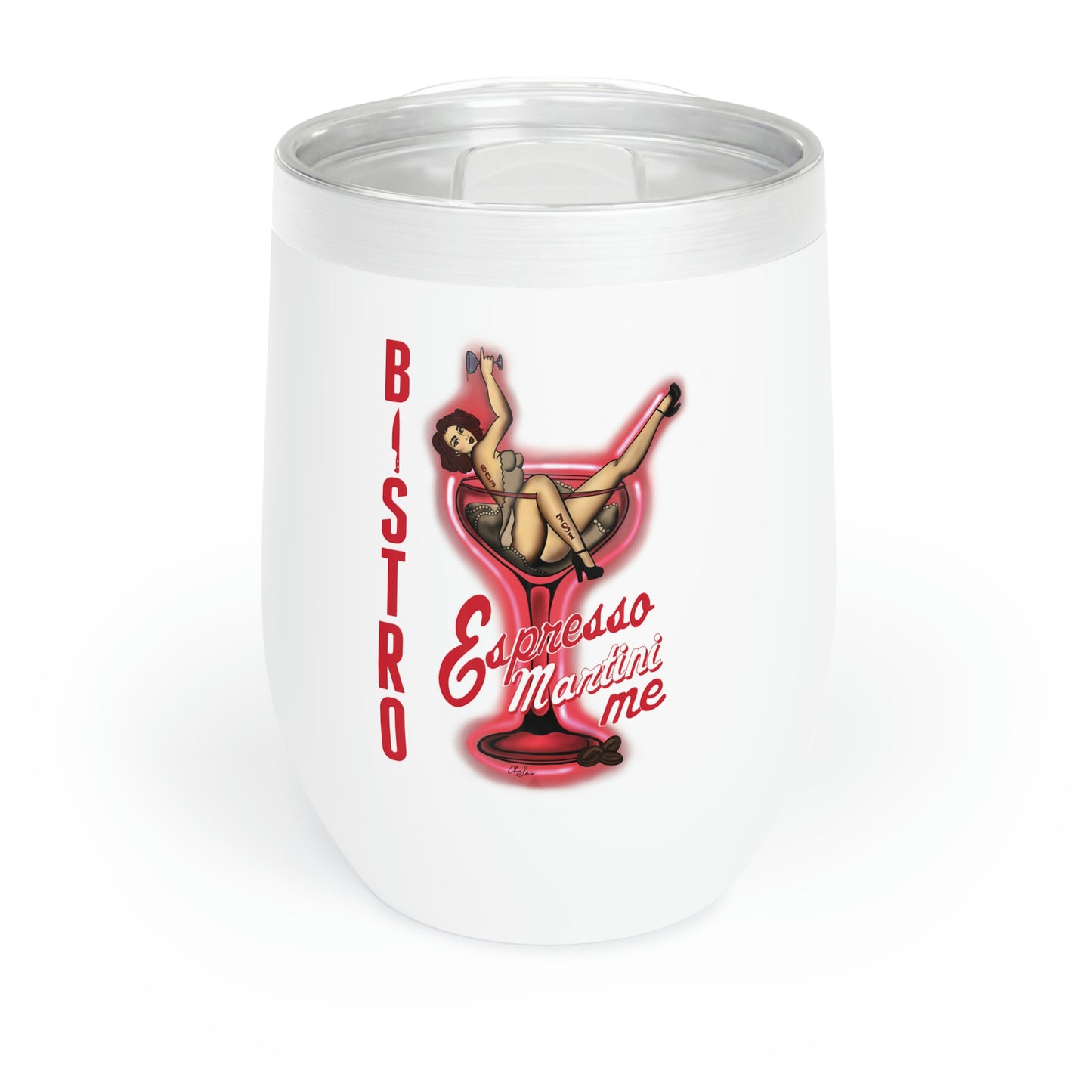 White 12oz stainless steel wine tumbler featuring a pin-up girl graphic and Bistro Espresso Martini Me text.