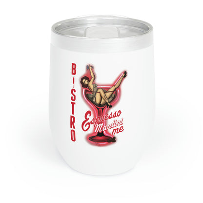 White 12oz stainless steel wine tumbler featuring a pin-up girl graphic and Bistro Espresso Martini Me text.