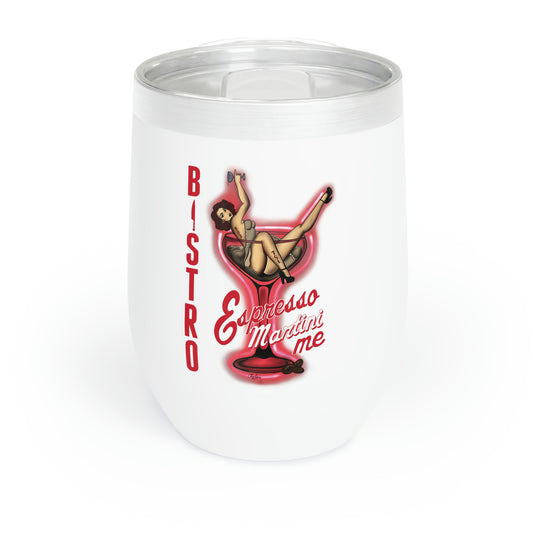 White 12oz stainless steel wine tumbler featuring a pin-up girl graphic and Bistro Espresso Martini Me text.