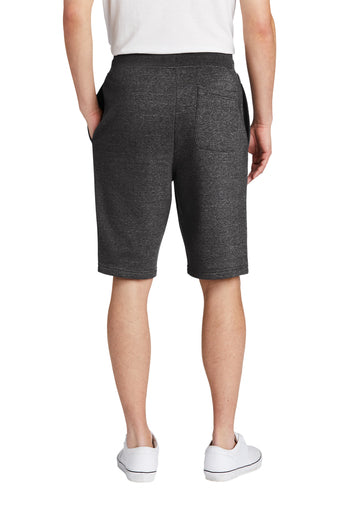 Back view of heathered charcoal fleece shorts with a rib knit waistband and a right rear patch pocket.