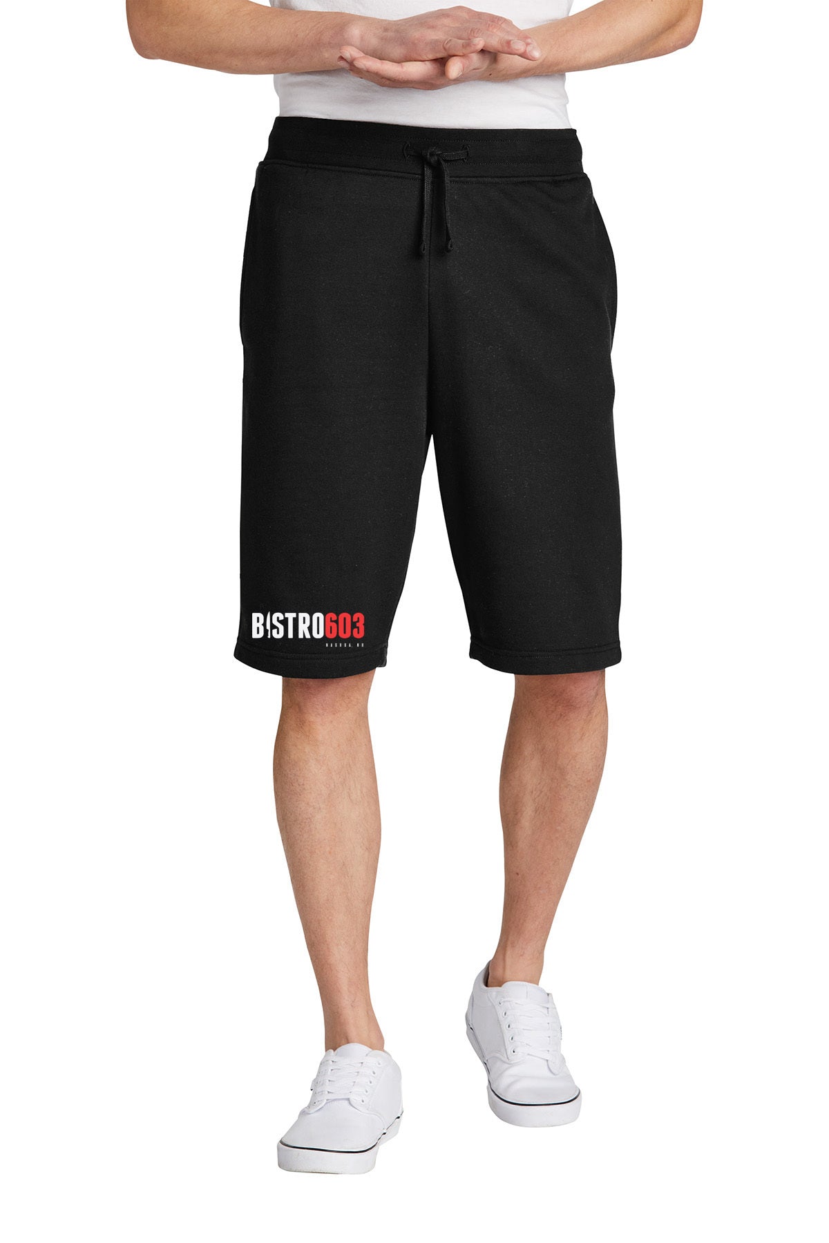 Black Bistro603 fleece shorts with a rib knit waistband, exterior drawcord, and logo detail on the leg.