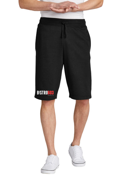 Black Bistro603 fleece shorts with a rib knit waistband, exterior drawcord, and logo detail on the leg.