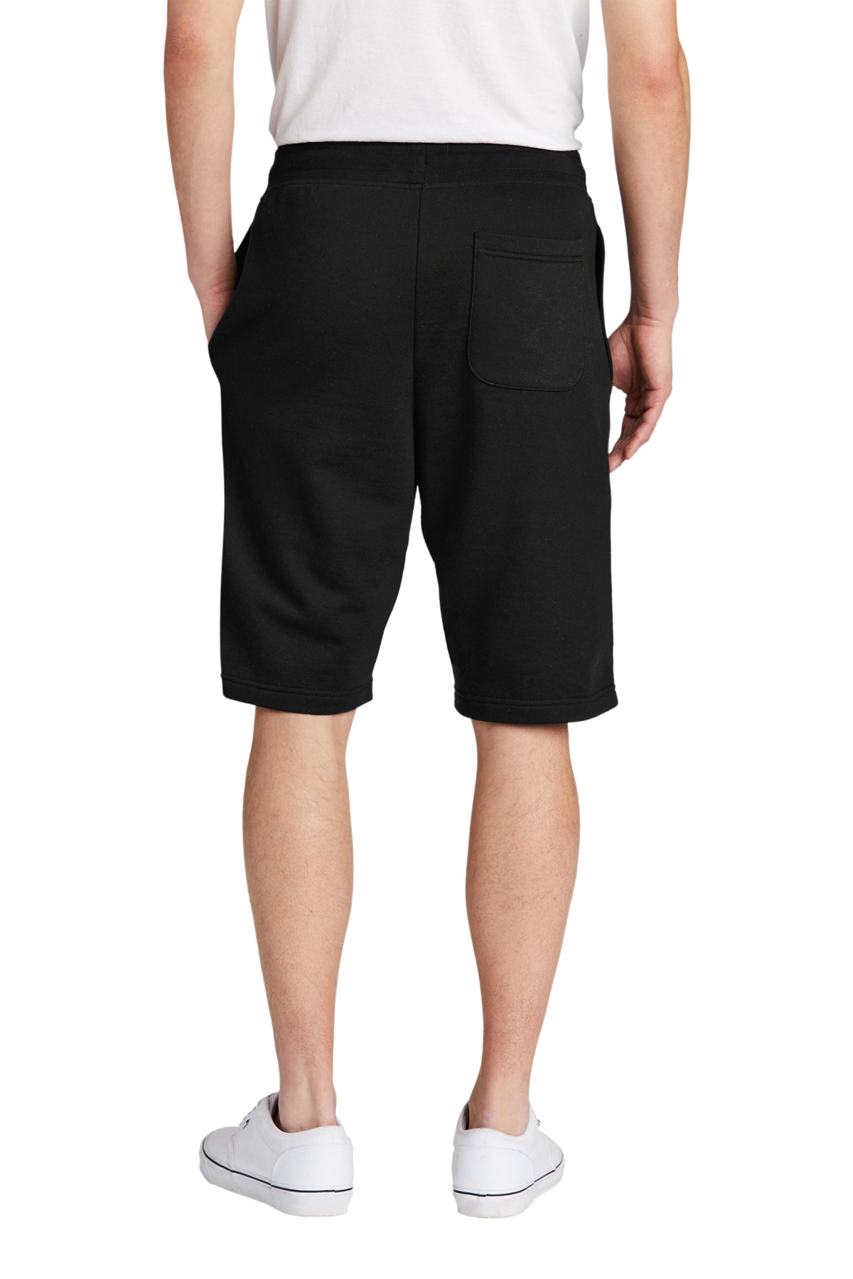 Back view of black Bistro603 men's fleece shorts featuring a ribbed waistband and a single back patch pocket.