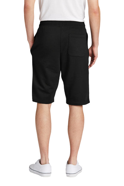 Back view of black Bistro603 men's fleece shorts featuring a ribbed waistband and a single back patch pocket.