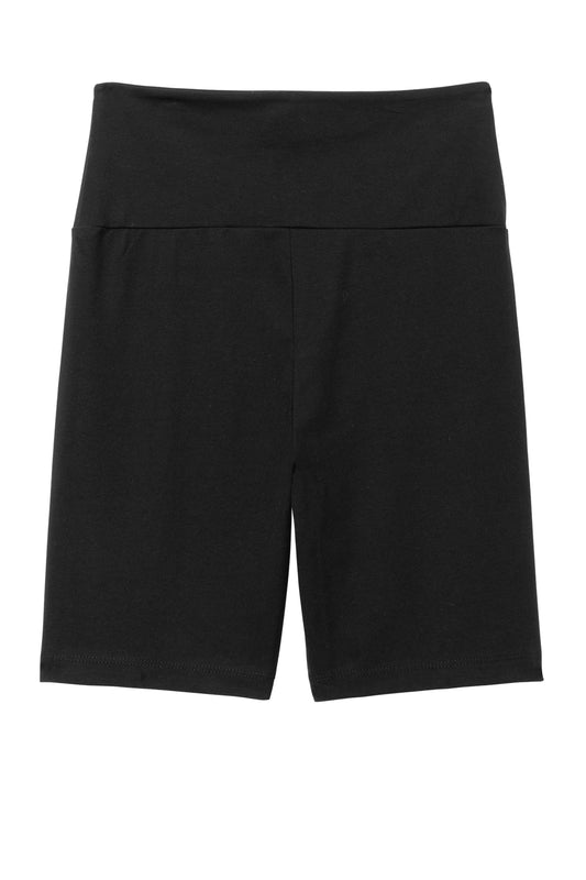Black high-waisted bike shorts in soft cotton-spandex blend with a wide waistband and minimal seams.
