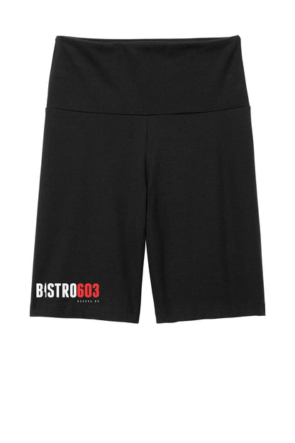 Black high-waisted cotton-spandex bike shorts with a 7-inch inseam and Bistro603 logo on the leg.