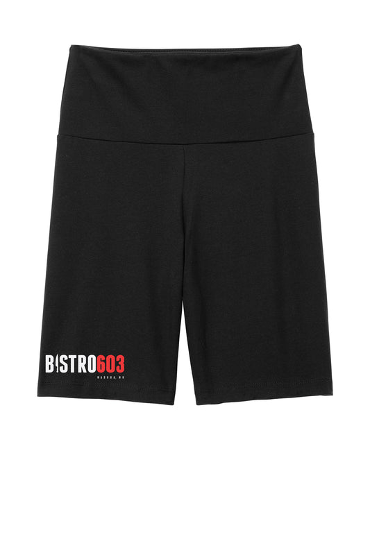 Black high-waisted cotton-spandex bike shorts with a 7-inch inseam and Bistro603 logo on the leg.