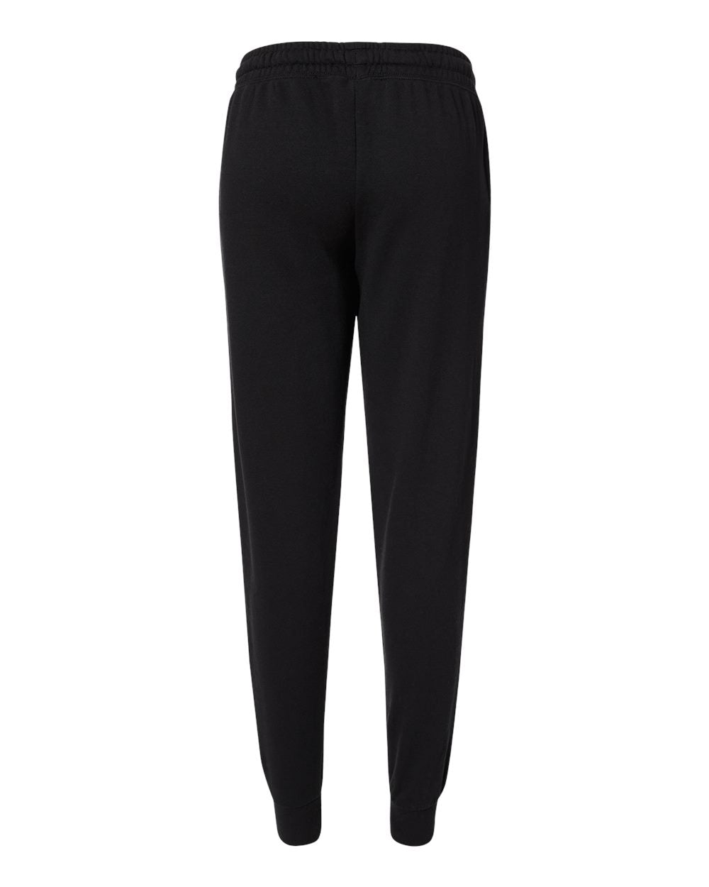 Back view of black Bistro603 women's fleece sweatpants with an elastic waistband and ribbed ankle cuffs.