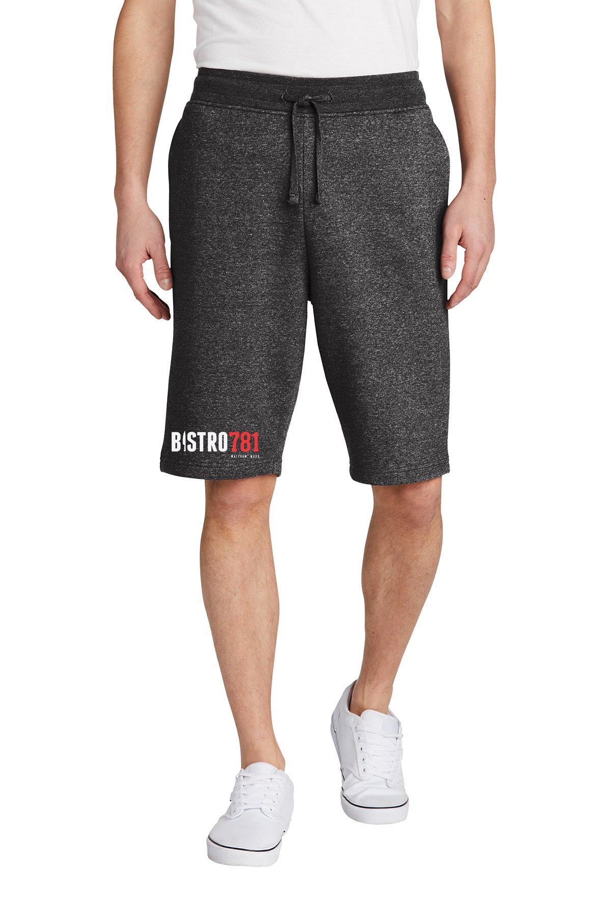 Heathered charcoal Bistro781 fleece shorts with a rib knit waistband, exterior drawcord, and side seam pockets.