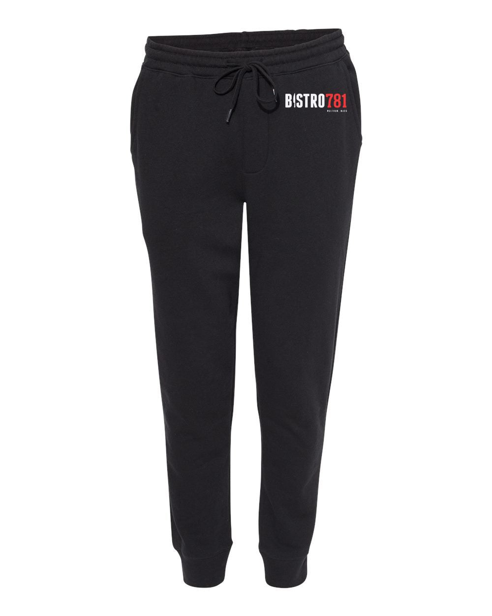 Black Bistro781 midweight fleece joggers with an elastic drawstring waistband, ribbed ankle cuffs, and relaxed fit.