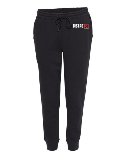 Black Bistro781 midweight fleece joggers with an elastic drawstring waistband, ribbed ankle cuffs, and relaxed fit.