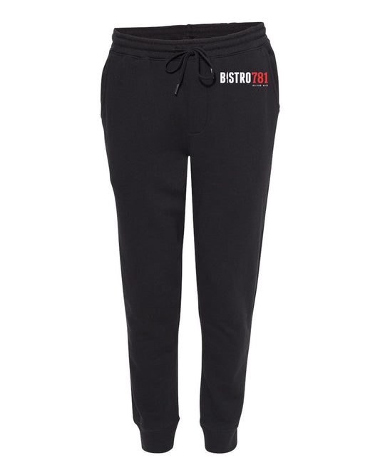 Black Bistro781 midweight fleece joggers with an elastic drawstring waistband, ribbed ankle cuffs, and relaxed fit.