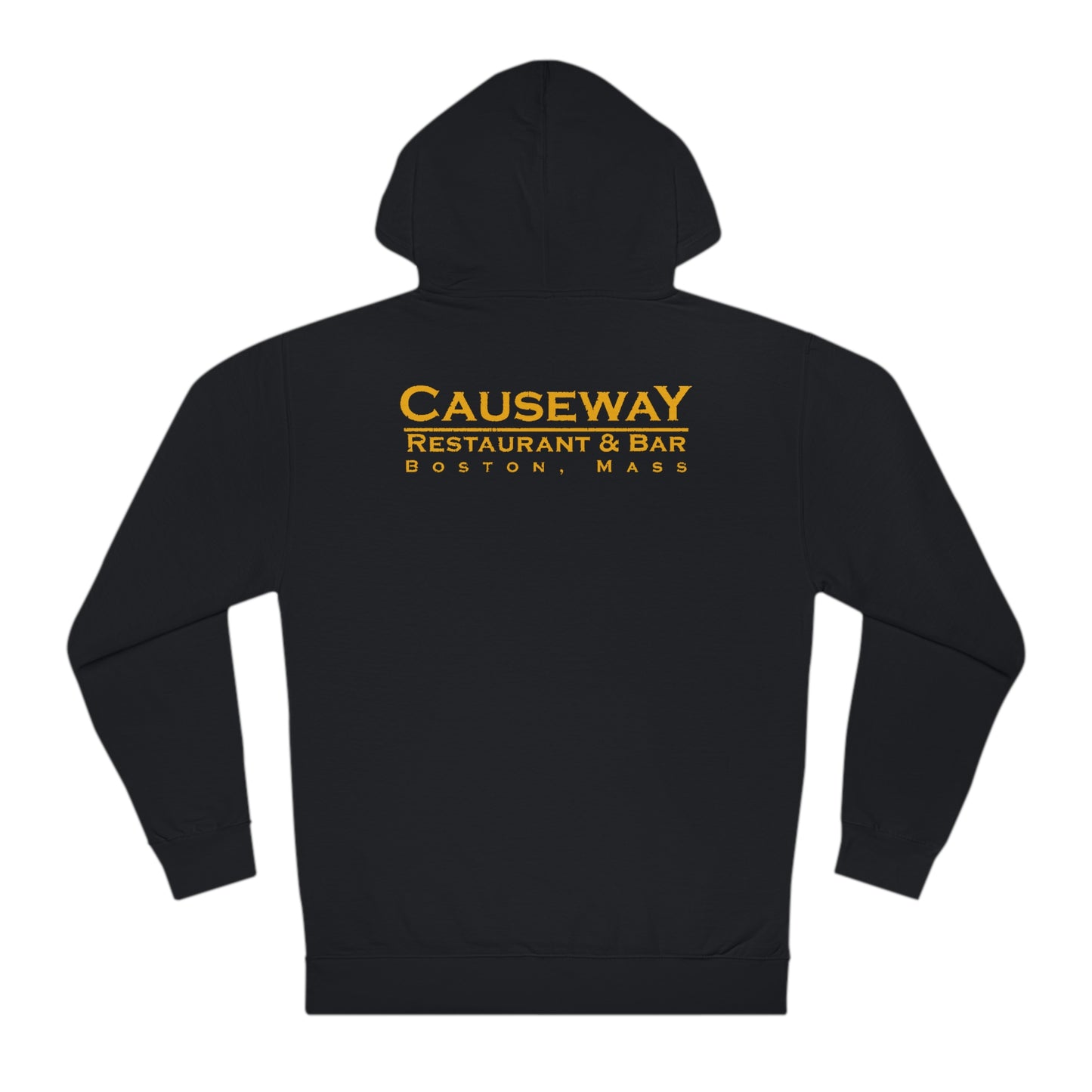 Black cotton-blend hooded sweatshirt featuring Causeway Restaurant & Bar Boston logo in gold on the back.