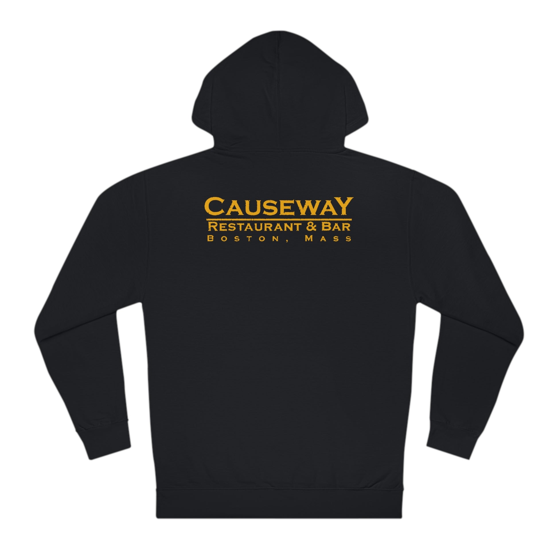 Black cotton-blend hooded sweatshirt featuring Causeway Restaurant & Bar Boston logo in gold on the back.