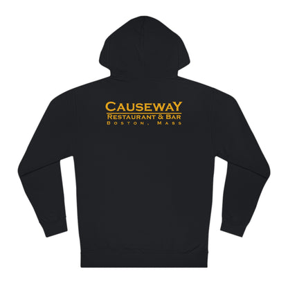 Black cotton-blend hooded sweatshirt featuring Causeway Restaurant & Bar Boston logo in gold on the back.