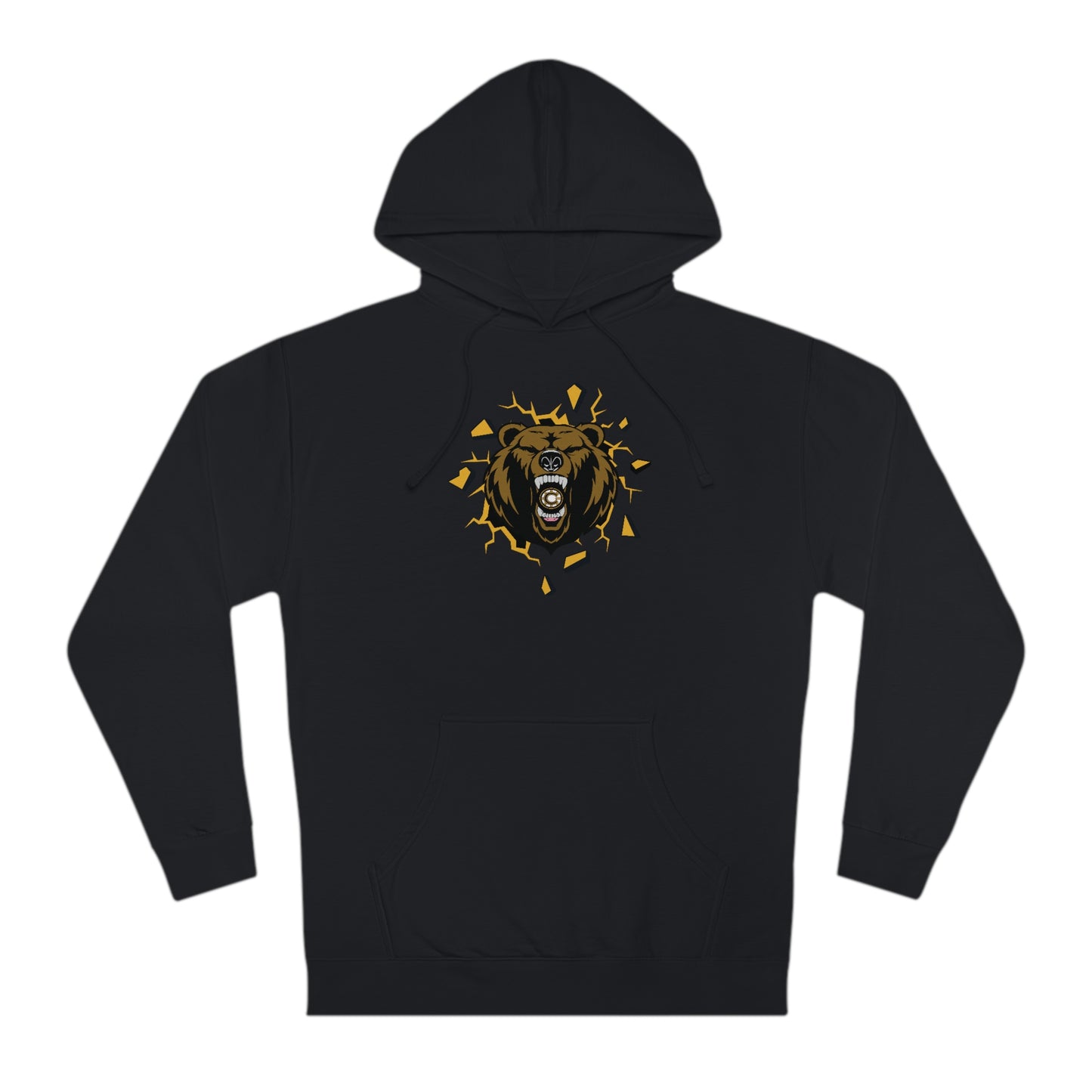 Black cotton-blend hooded sweatshirt featuring a graphic of a bear breaking through a wall with a hockey puck.