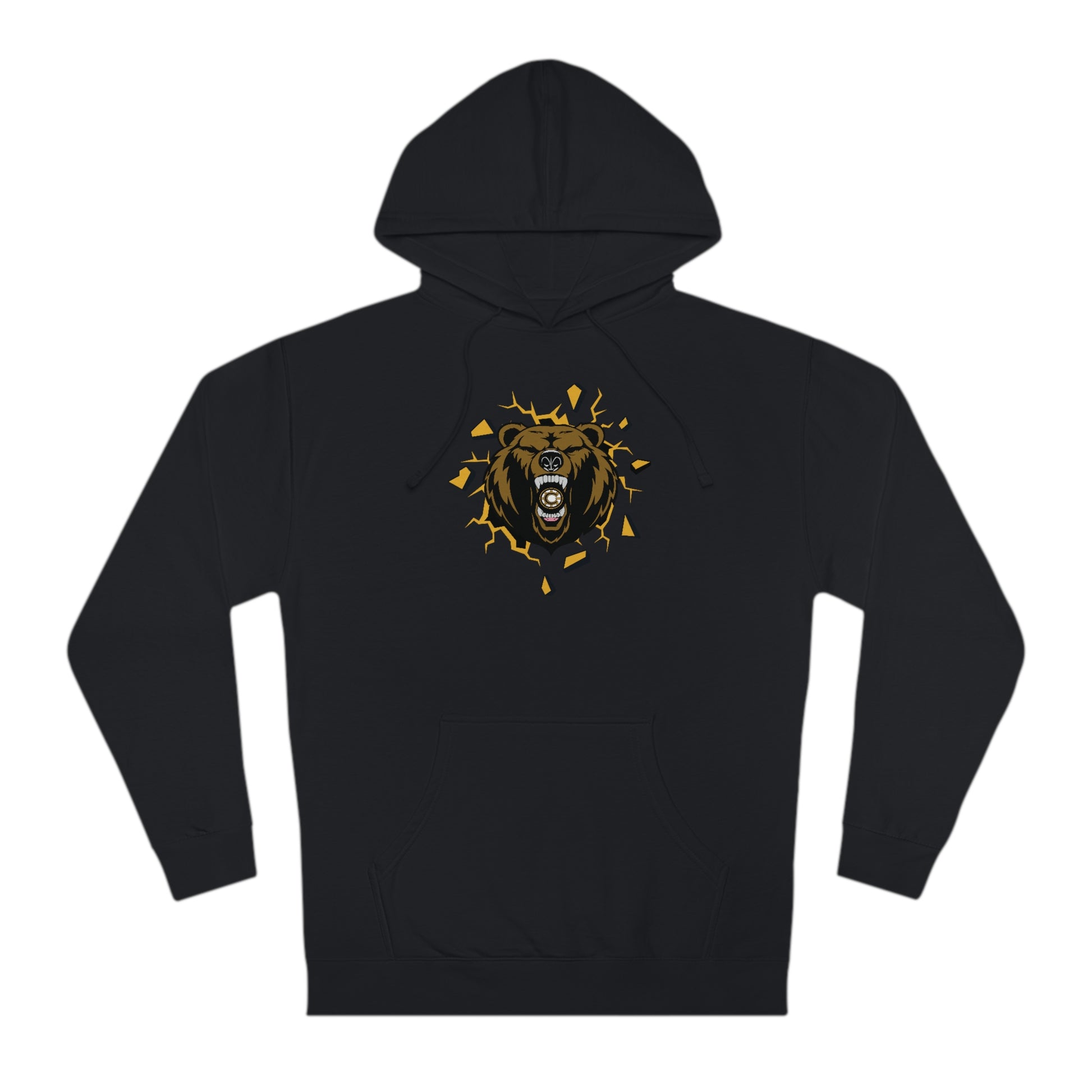 Black cotton-blend hooded sweatshirt featuring a graphic of a bear breaking through a wall with a hockey puck.