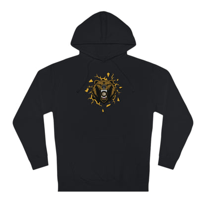Black cotton-blend hooded sweatshirt featuring a graphic of a bear breaking through a wall with a hockey puck.