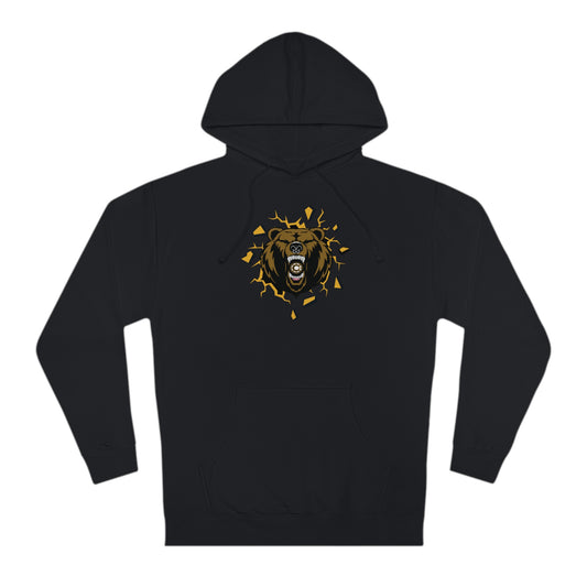 Black cotton-blend hooded sweatshirt featuring a graphic of a bear breaking through a wall with a hockey puck.