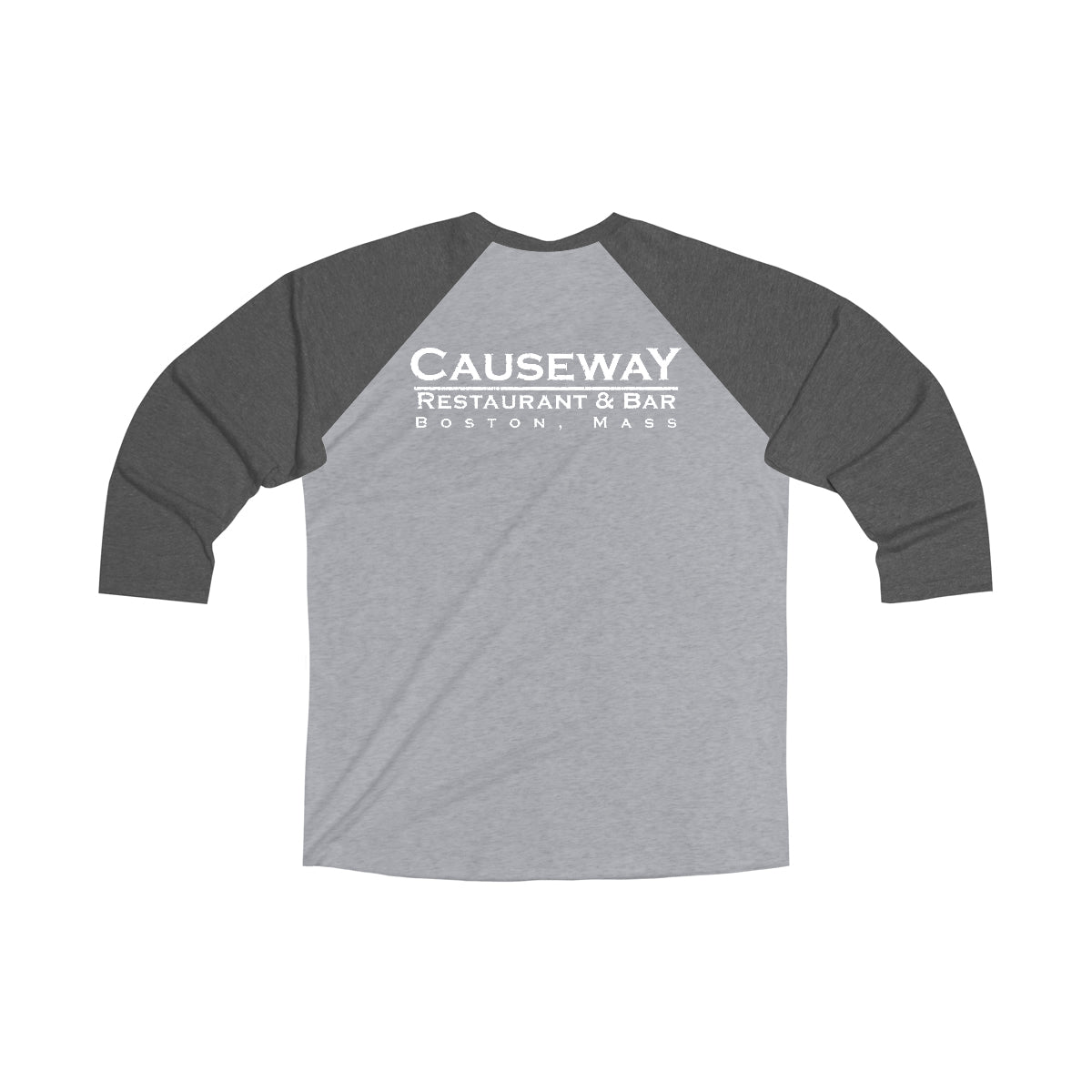 Grey and charcoal tri-blend baseball tee with three-quarter sleeves and Causeway Restaurant Boston logo print.