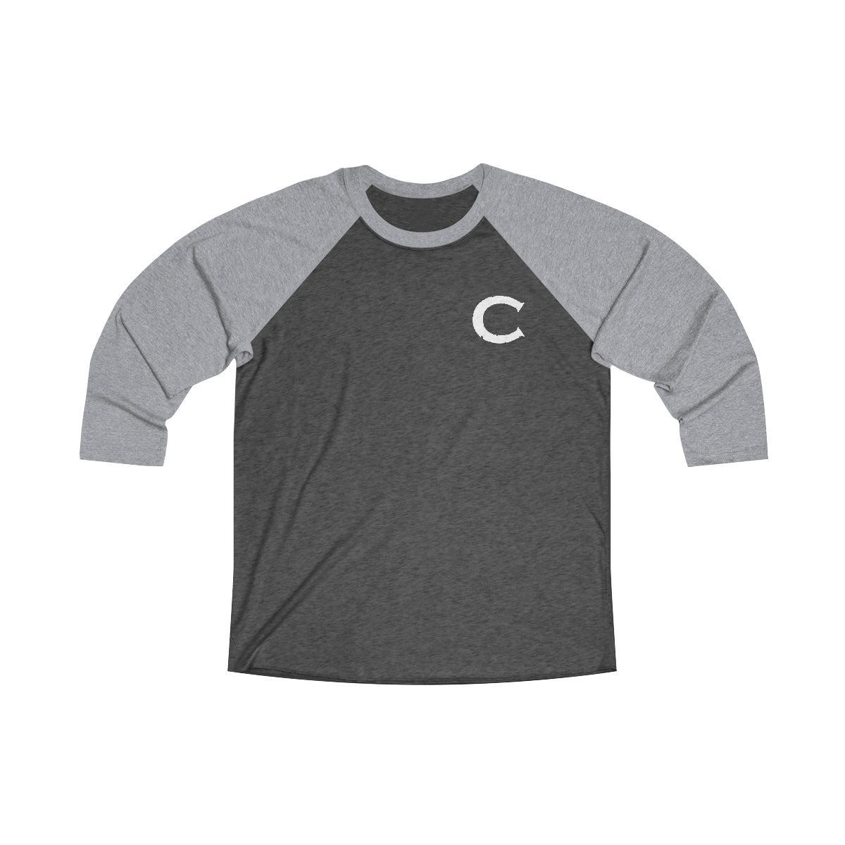 Mens charcoal and grey tri-blend baseball tee with three-quarter sleeves and a white C logo on the chest.