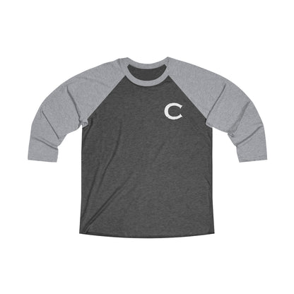 Mens charcoal and grey tri-blend baseball tee with three-quarter sleeves and a white C logo on the chest.
